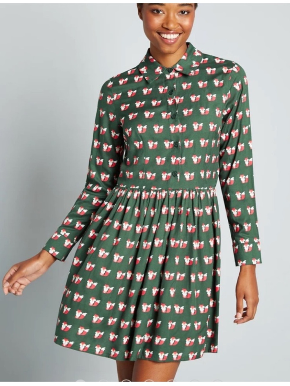 ModCloth circus long sleeve fox print collared dress green UK 12 US S-M‎